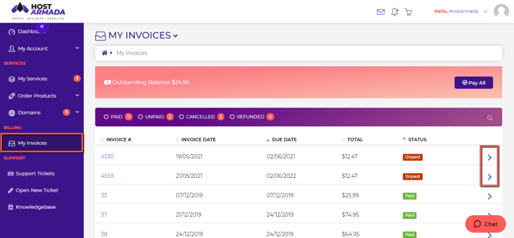 Pay selected HostArmada overdue invoices