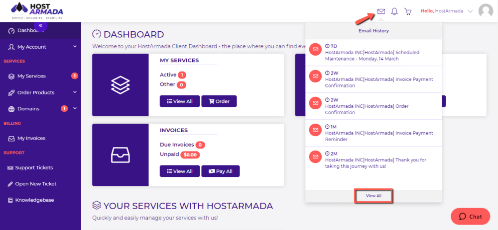 View all emails sent from HostArmada