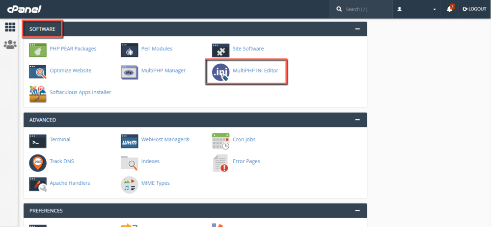 Access the 'MultiPHP INI Editor' tool in cPanel