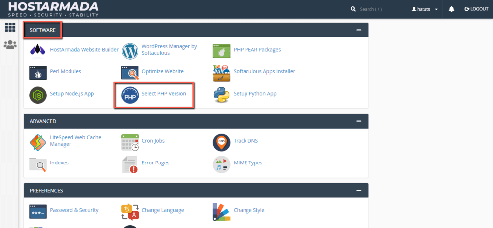 Access the 'Select PHP version' tool in cPanel