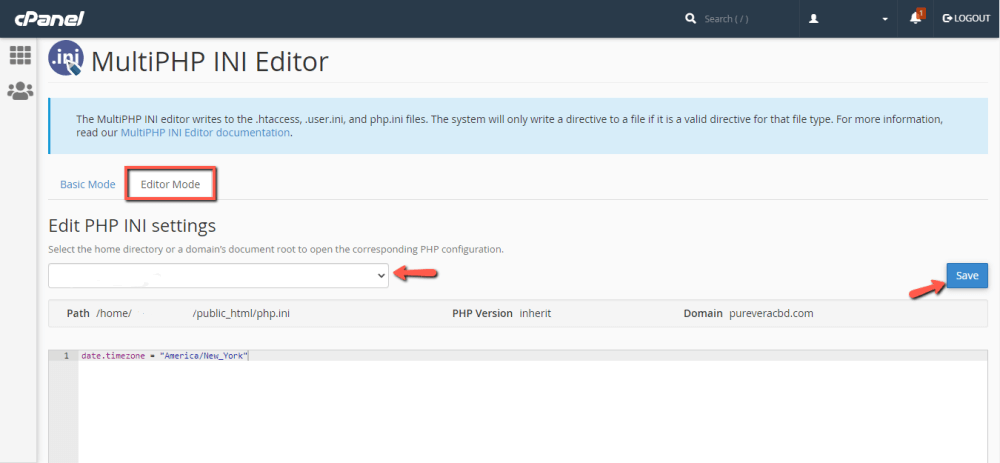 Change PHP date.timezone directive through the MultiPHP INI Editor in cPanel