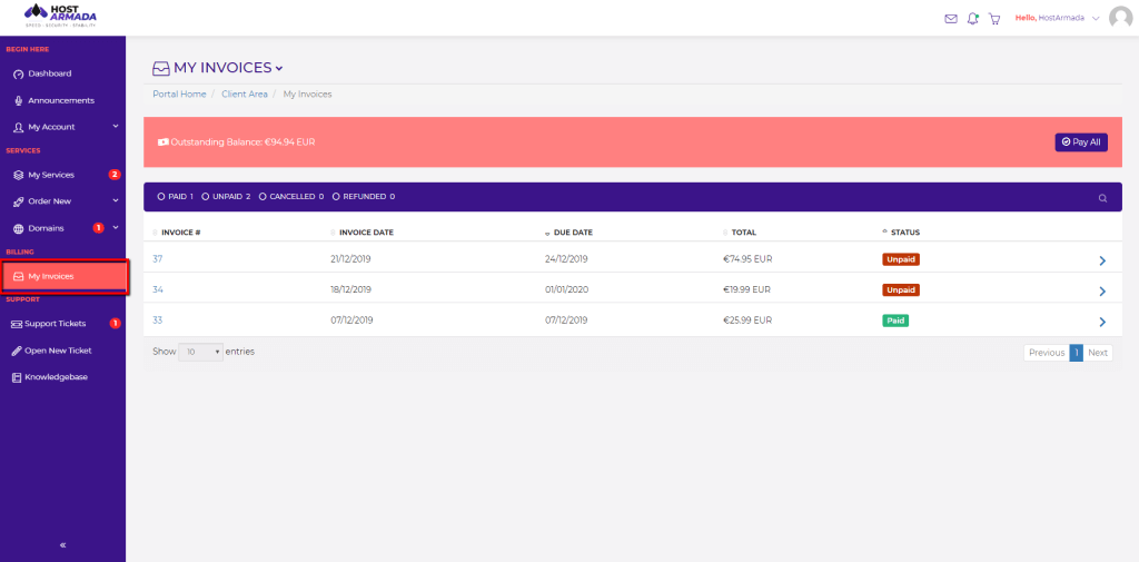 My Invoices page overview