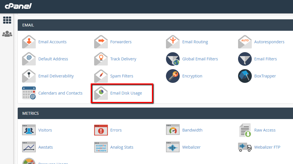 Accessing the Email Disk Usage feature in cPanel