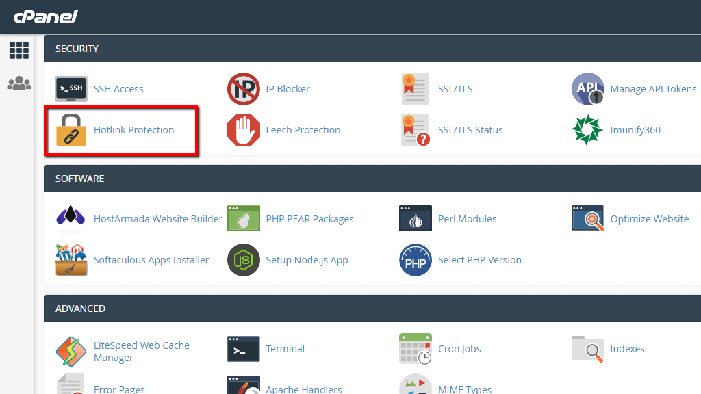 Accessing the Hotlink Protection feature in cPanel