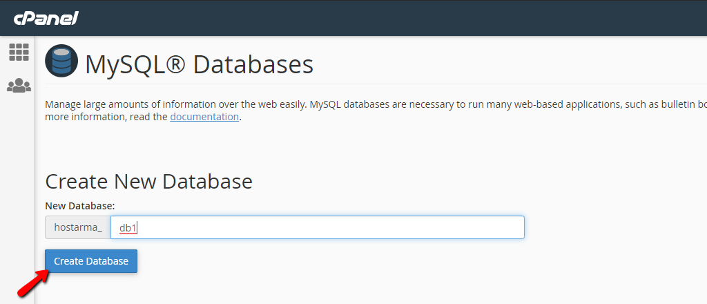 Fill the database name and create a new database