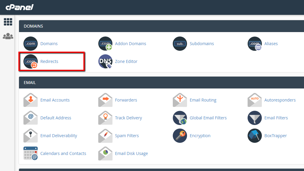 Accessing the Redirects feature of cPanel