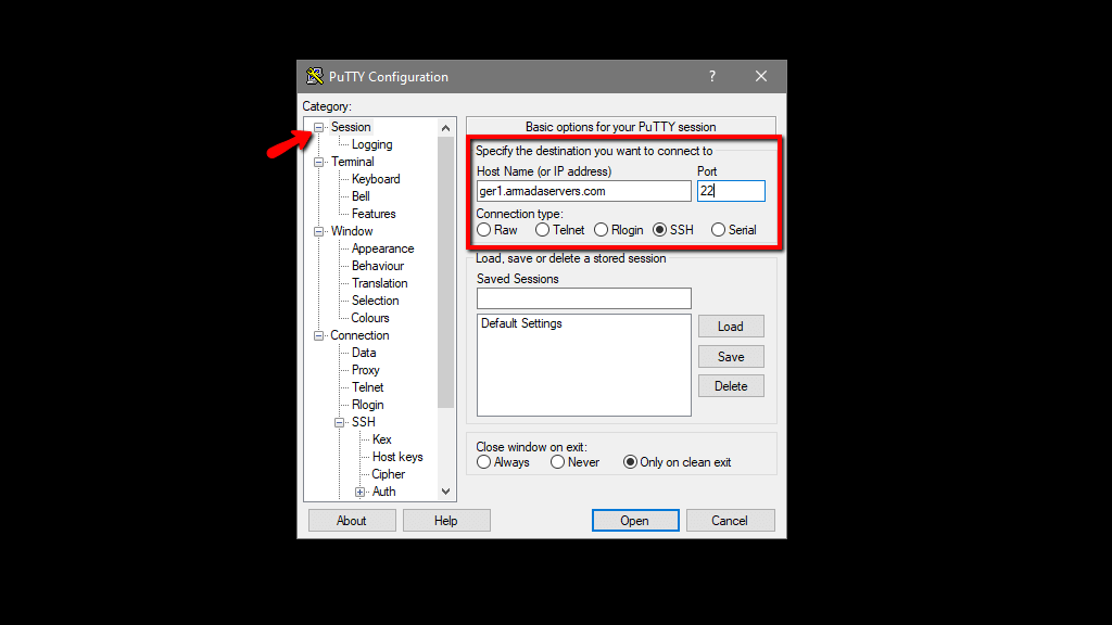 Access and configure the Session settings in PuTTY