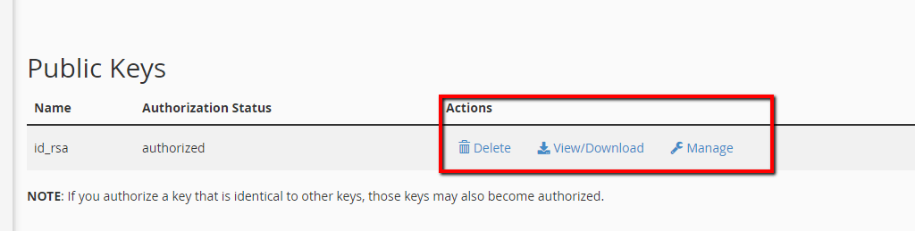 Management actions with SSH public keys