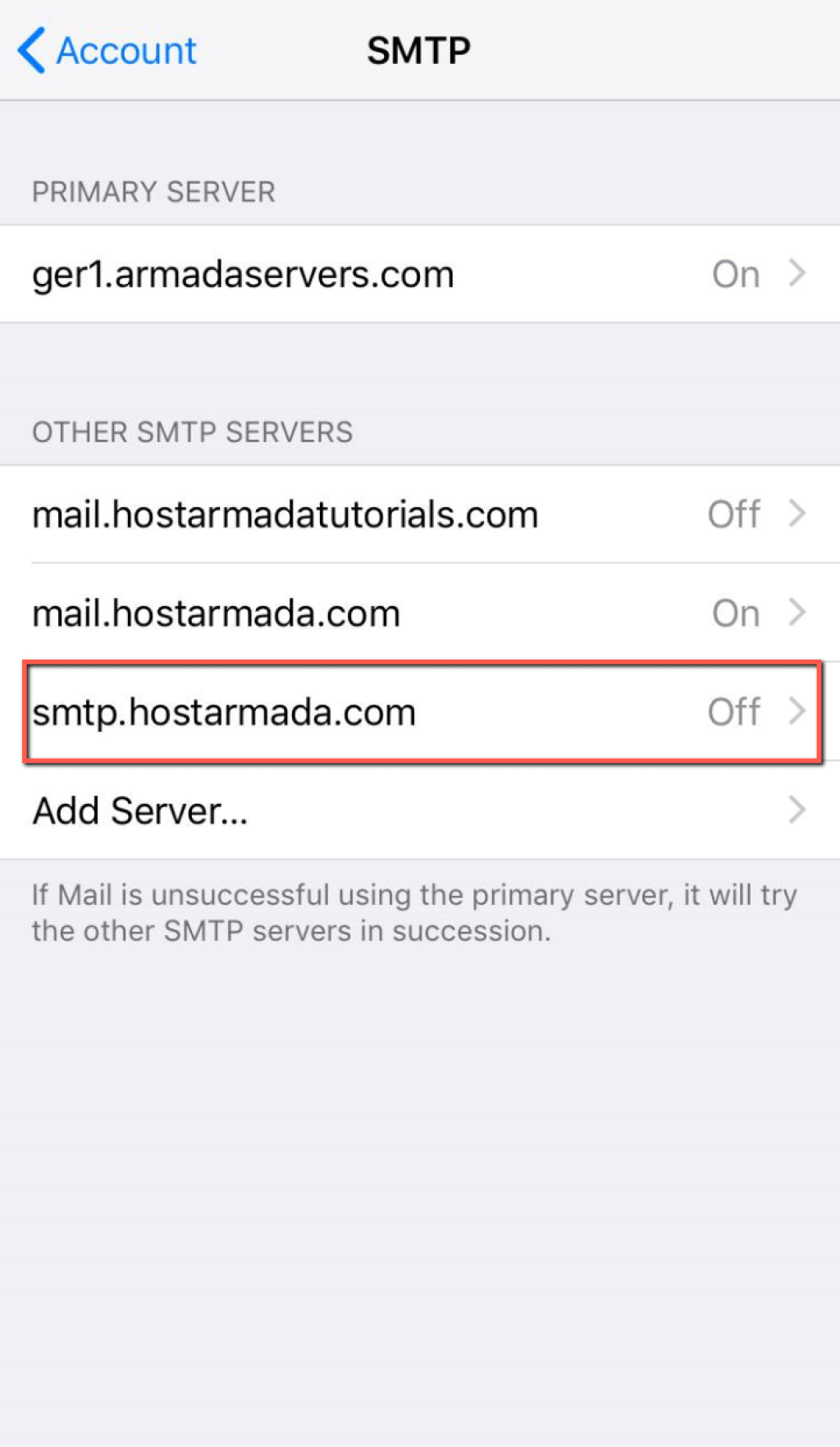 SMTP Server successfully added screen