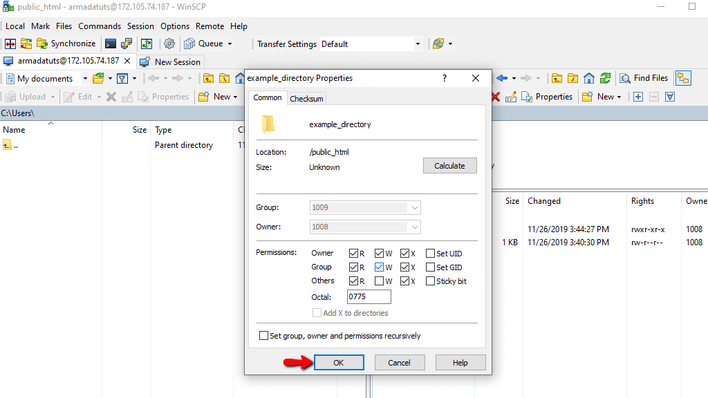 no permission to winscp write on remote file