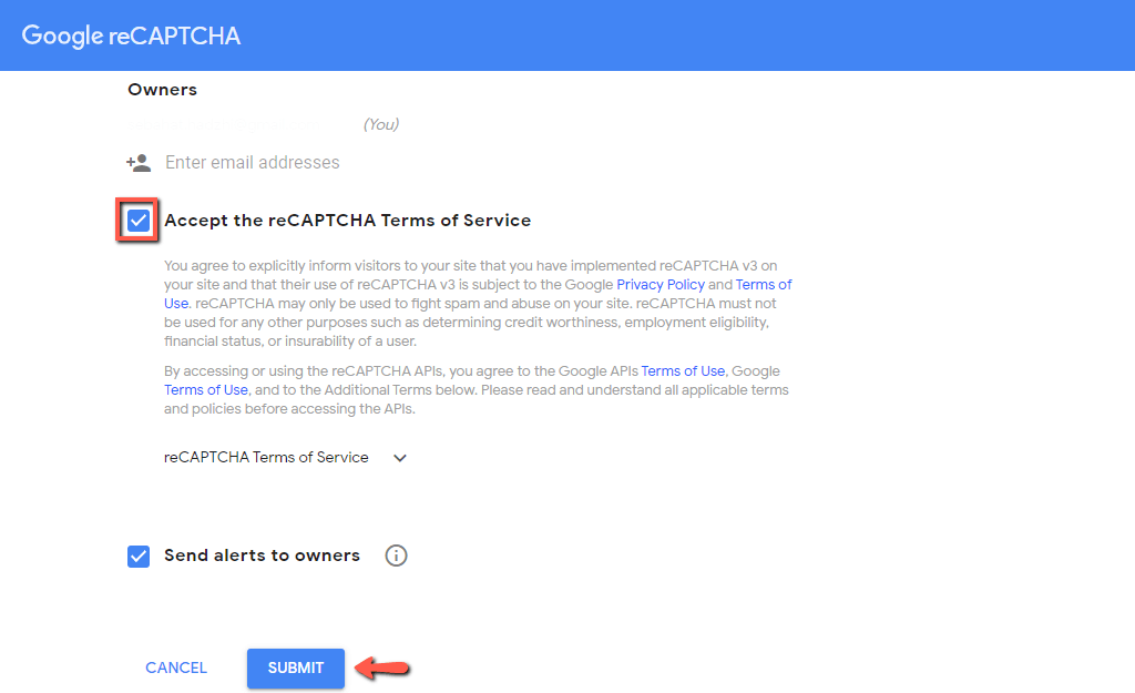 Submit Google reCAPTCHA Site Registration