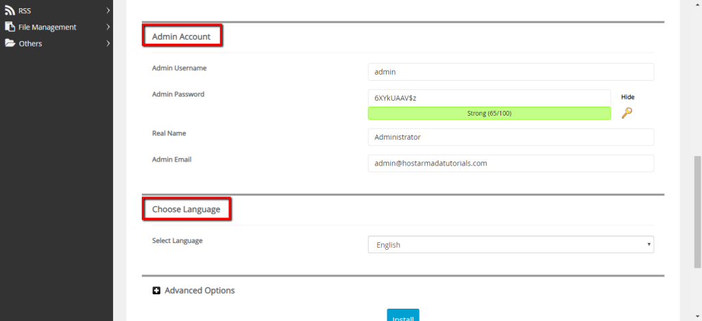 Admin account and Language settings