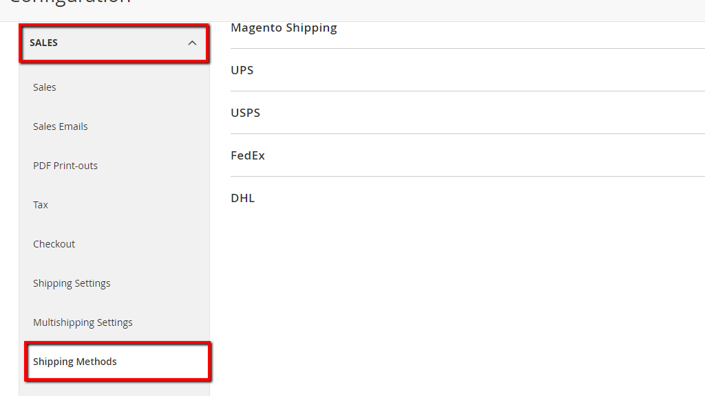 Shipping methods section