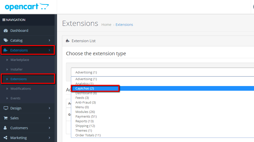 Accessing the Extensions page