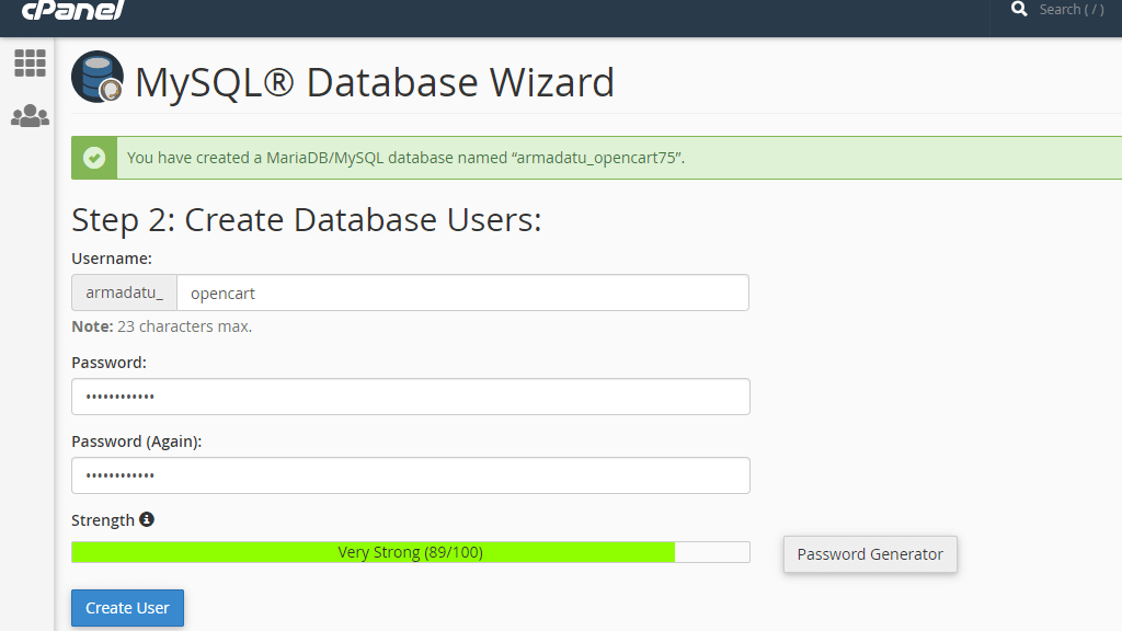 Creating the database user