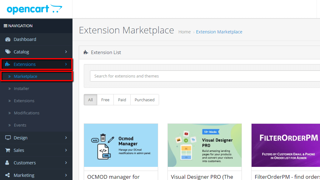 Accessing the Marketplace page
