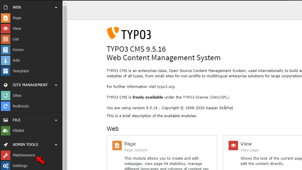 Access TYPO3 Maintenance section