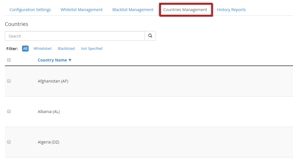 Countries Management tab overview