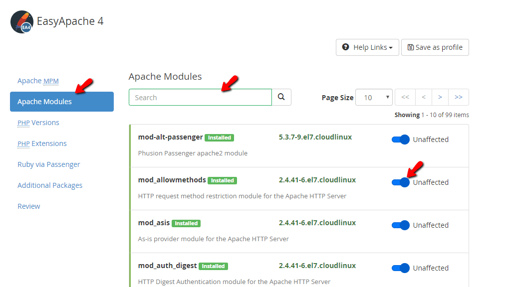 Apache Modules tab
