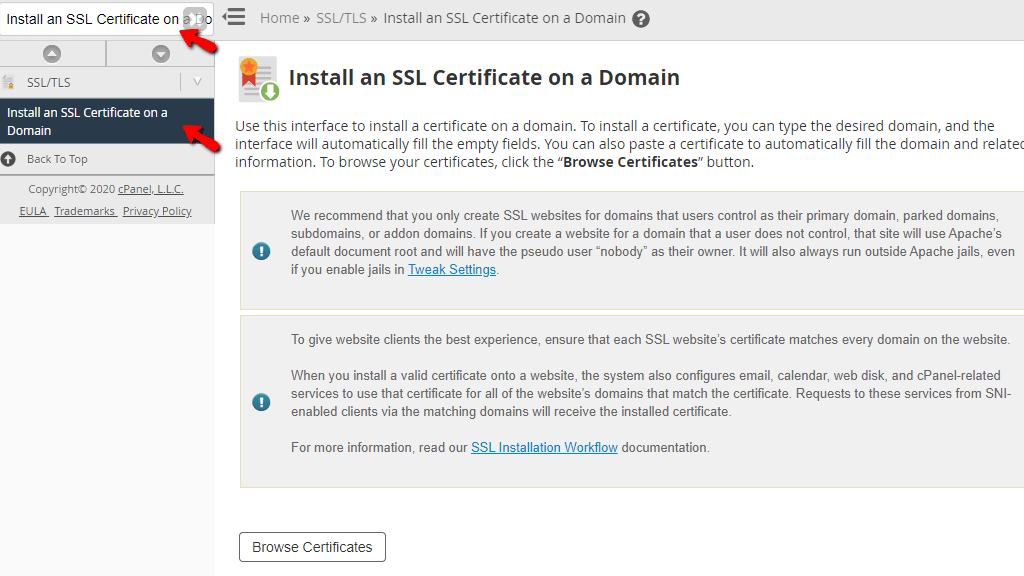 Accessing the Install an SSL Certificate on a Domain feature