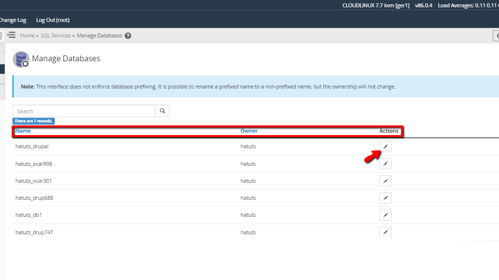 Manage Databases Actions button