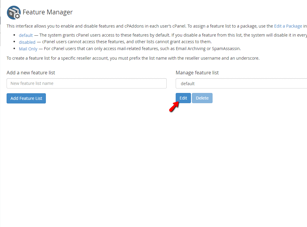 Feature Manager list options