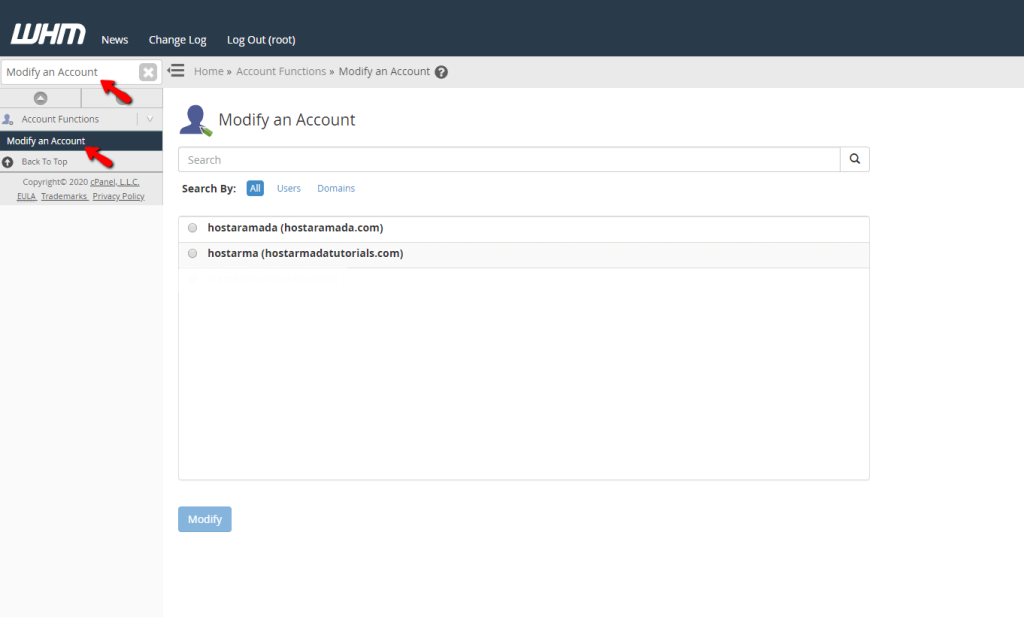 Accessing the Modify an Account feature