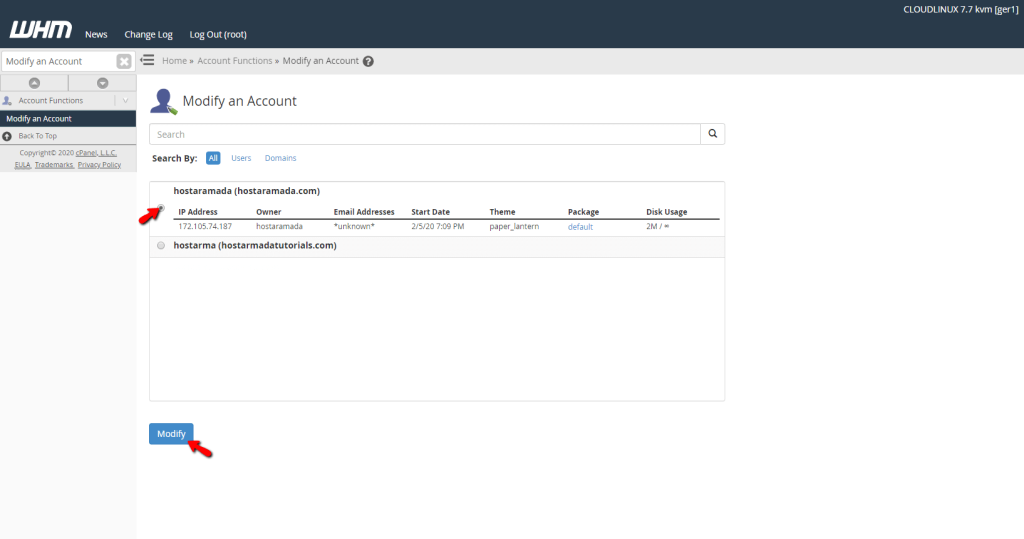 Selecting cPanel account to edit