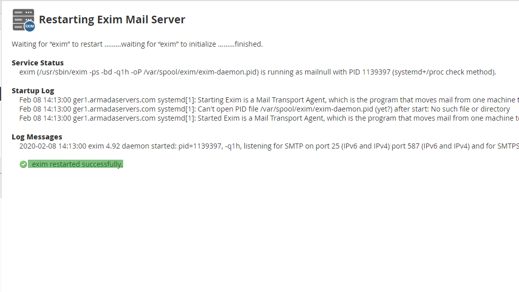 Restart Exim mail server output