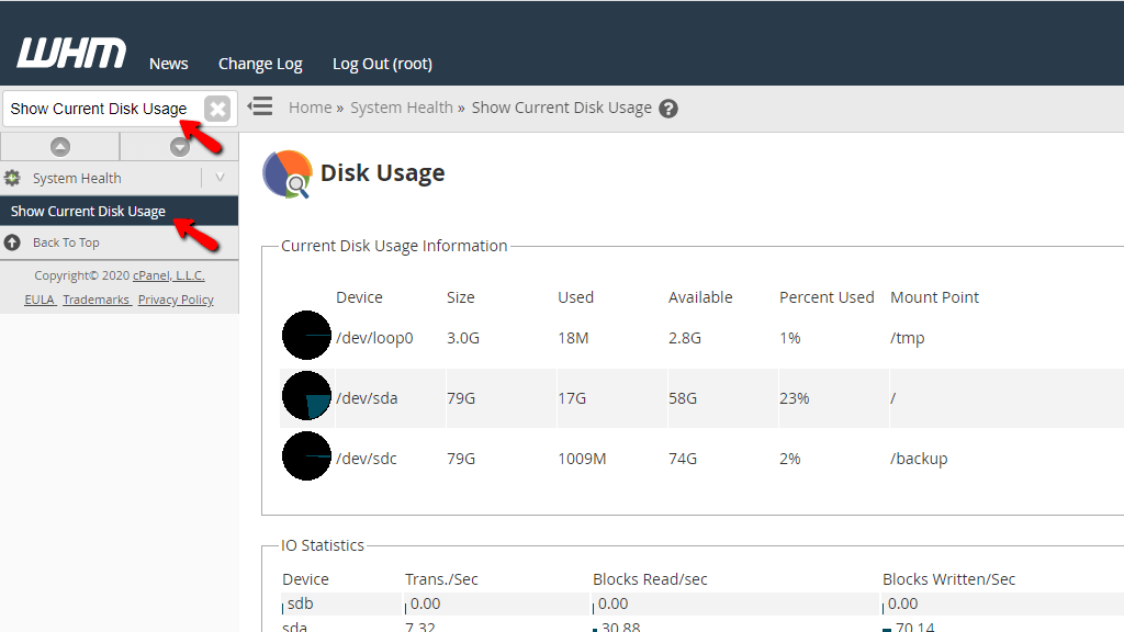 Accessing the Show Current Disk Usage feature