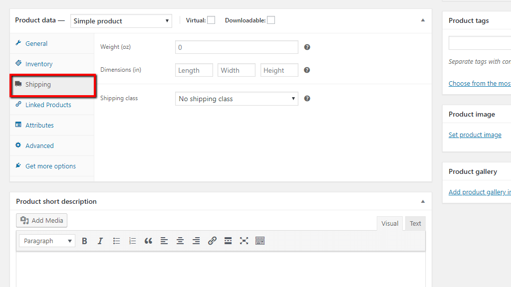 Simple product Shipping settings