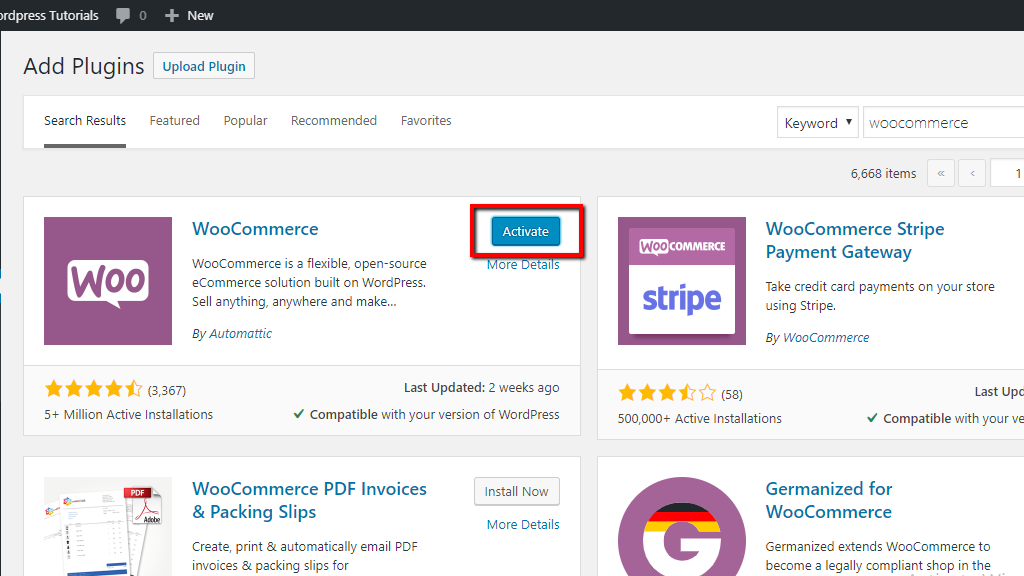 Activating WooCommerce