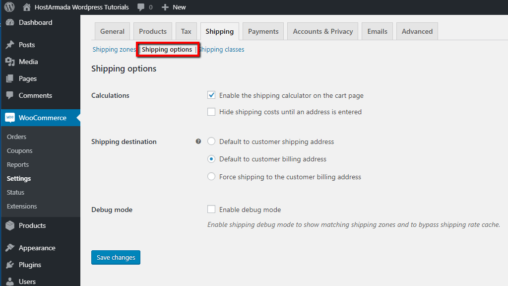 Accessing the Shipping options tab