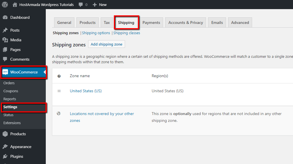 Accessing the Shipping settings page