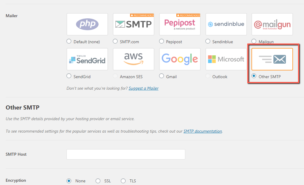 Choose WordPress Other SMTP option