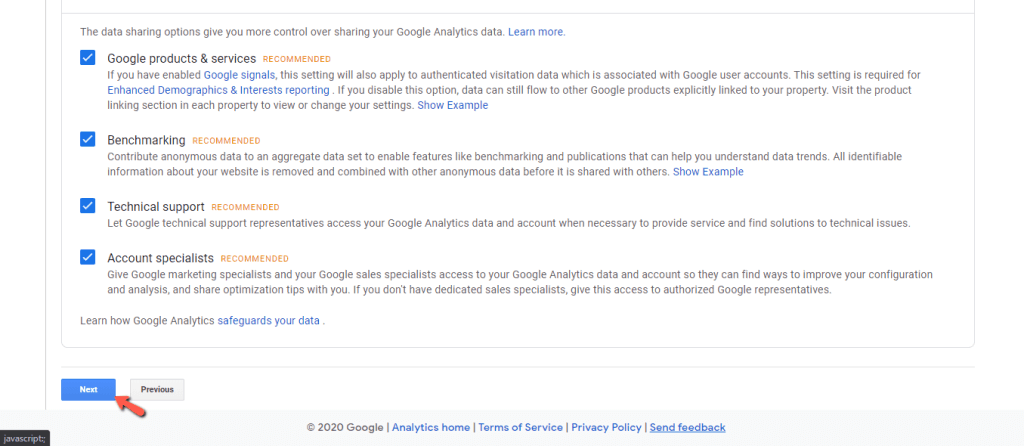Google Analytics Data Sharing Settings