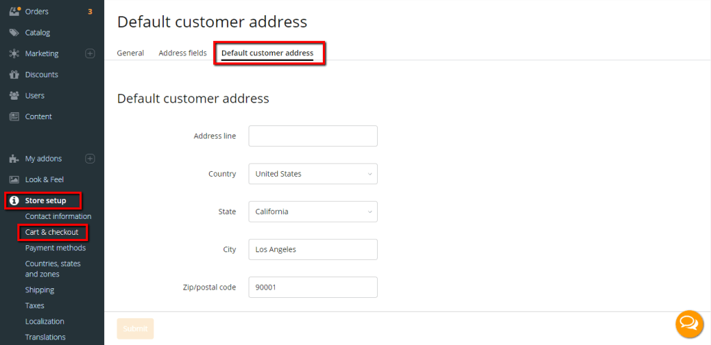Accessing the Default customer address page