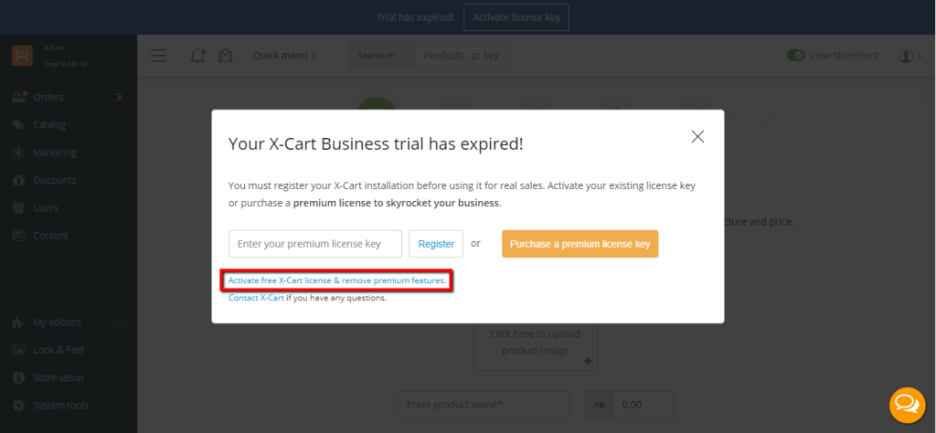 Activate free X-Cart license link
